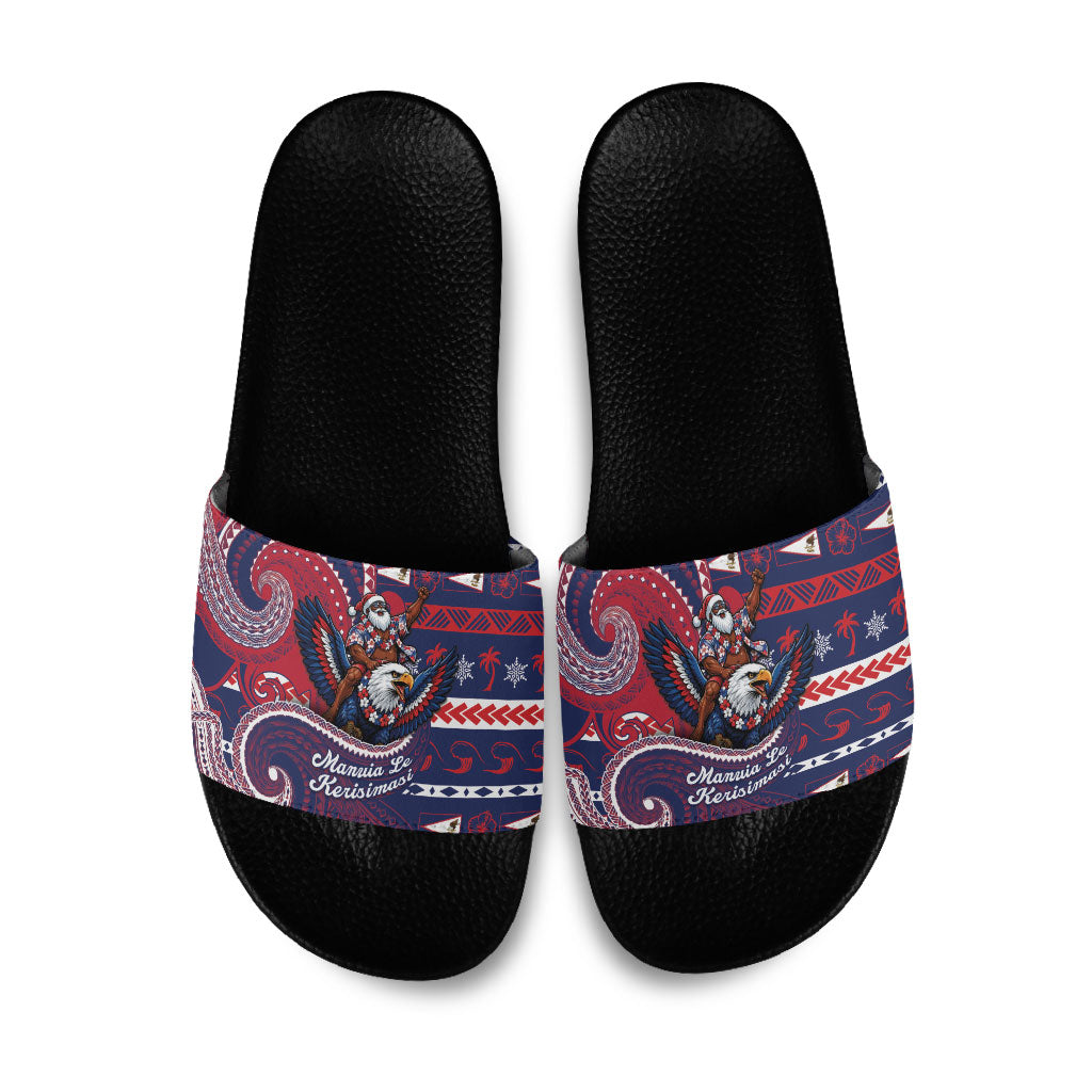 American Samoa Christmas Slide Sandals Santa Riding Bald Eagle