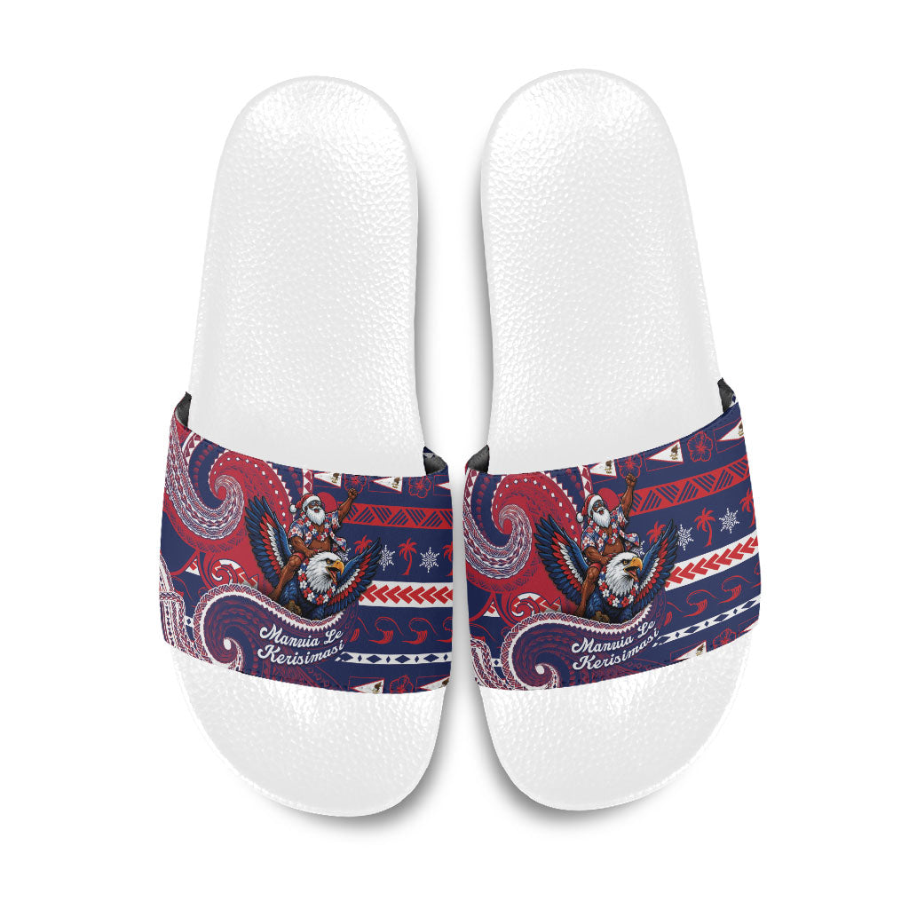 American Samoa Christmas Slide Sandals Santa Riding Bald Eagle