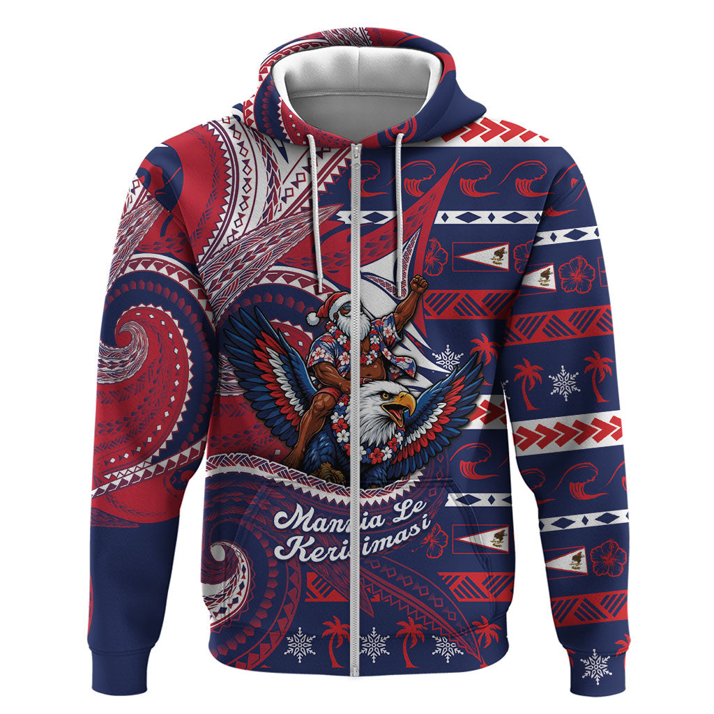 American Samoa Christmas Zip Hoodie Santa Riding Bald Eagle