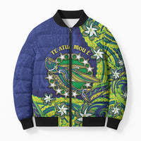 Cook Islands Language Week Bomber Puffer Jacket Flying Fish 15 Stars Tribal Patterns DT05 Unisex Green - Polynesian Pride