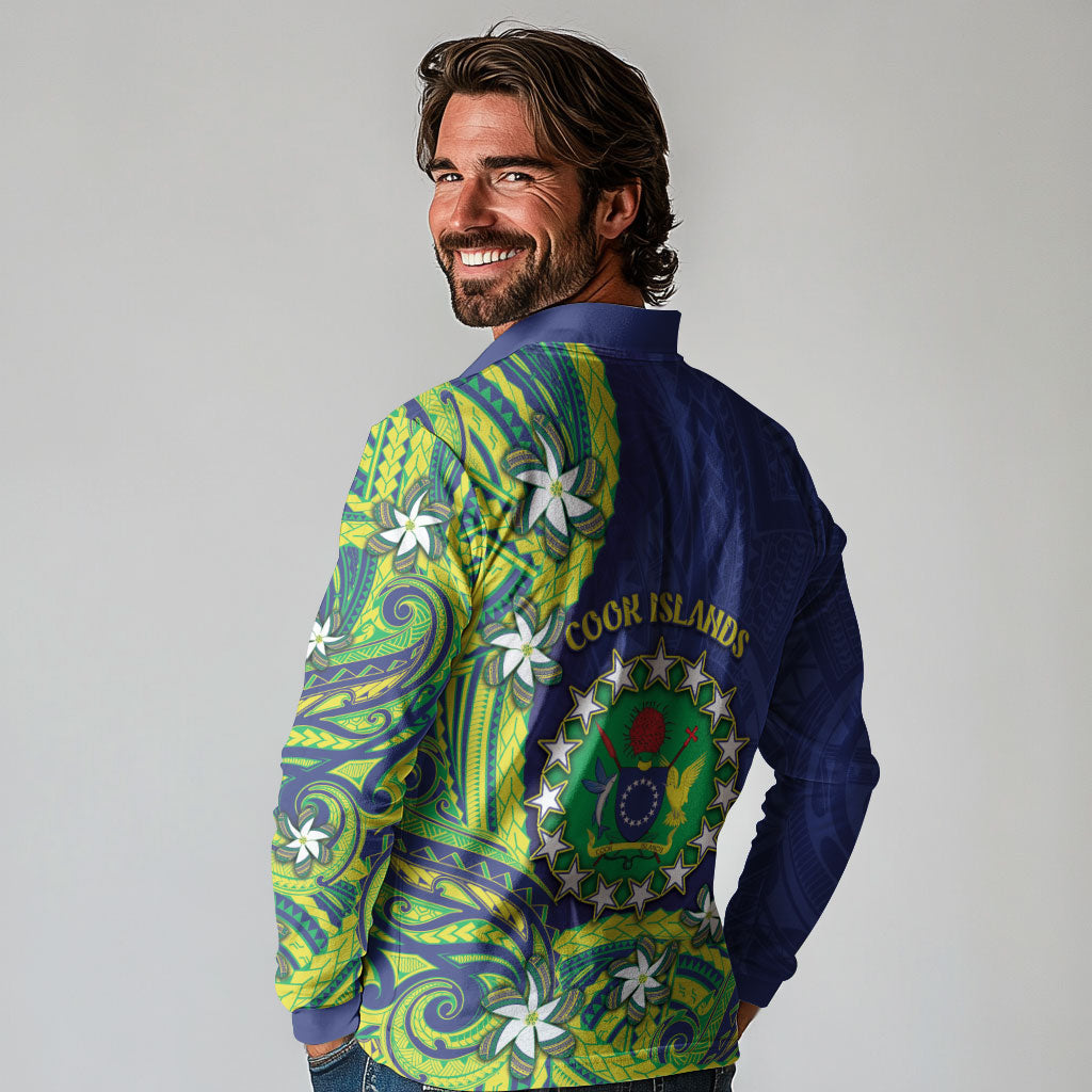 Cook Islands Language Week Long Sleeve Polo Shirt Flying Fish 15 Stars Tribal Patterns DT05 - Polynesian Pride