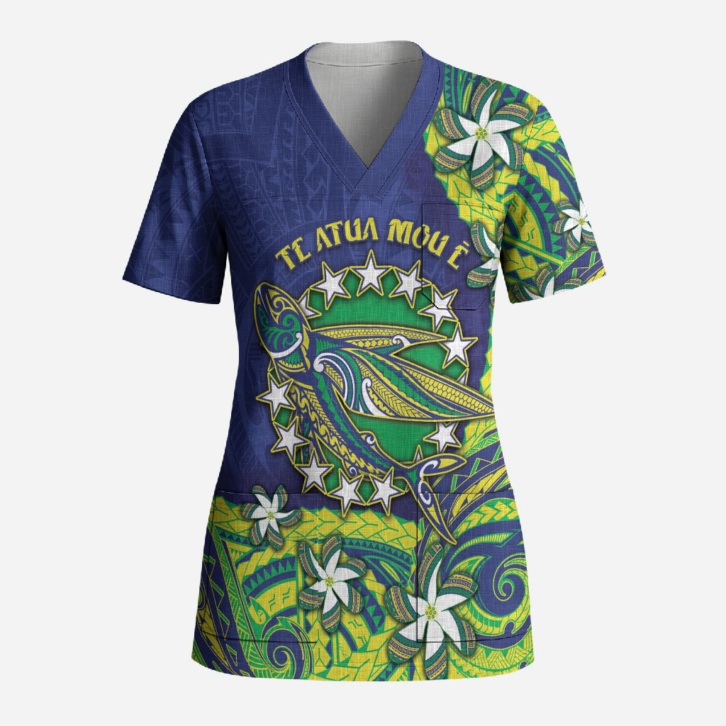 Cook Islands Language Week Scrub Top Flying Fish 15 Stars Tribal Patterns DT05 Adult Green - Polynesian Pride