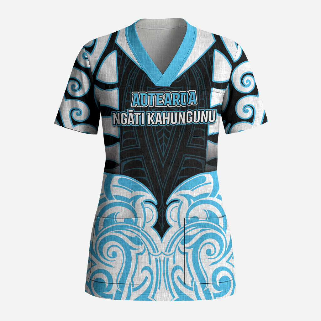 Custom Aotearoa Ngati Kahungunu Scrub Top New Zealand Traditional Maori Pattern DT05 Adult Blue - Polynesian Pride