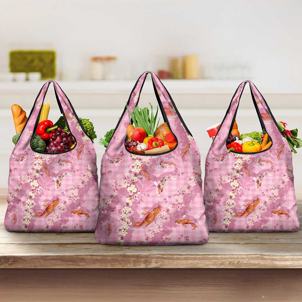 Pink Palaka Hawaiian And Japanese Grocery Bag Sakura Lei With Koi Fish DT05 3-pack One Size Pink - Polynesian Pride