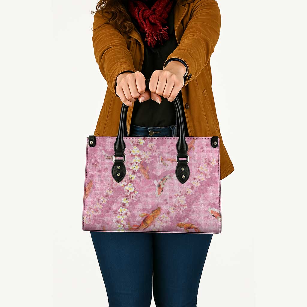 Pink Palaka Hawaiian And Japanese Leather Bag Sakura Lei With Koi Fish DT05 - Polynesian Pride