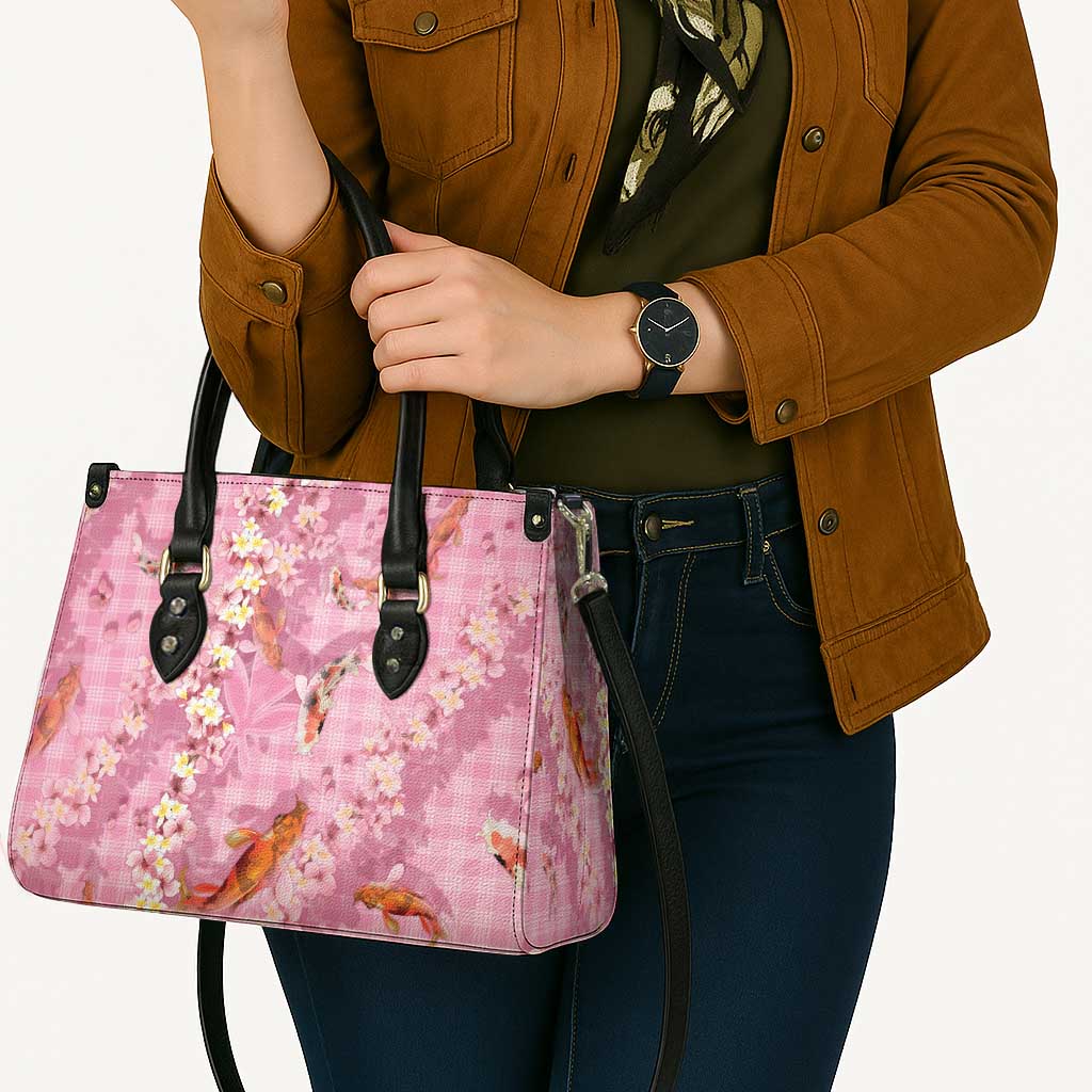 Pink Palaka Hawaiian And Japanese Leather Bag Sakura Lei With Koi Fish DT05 - Polynesian Pride