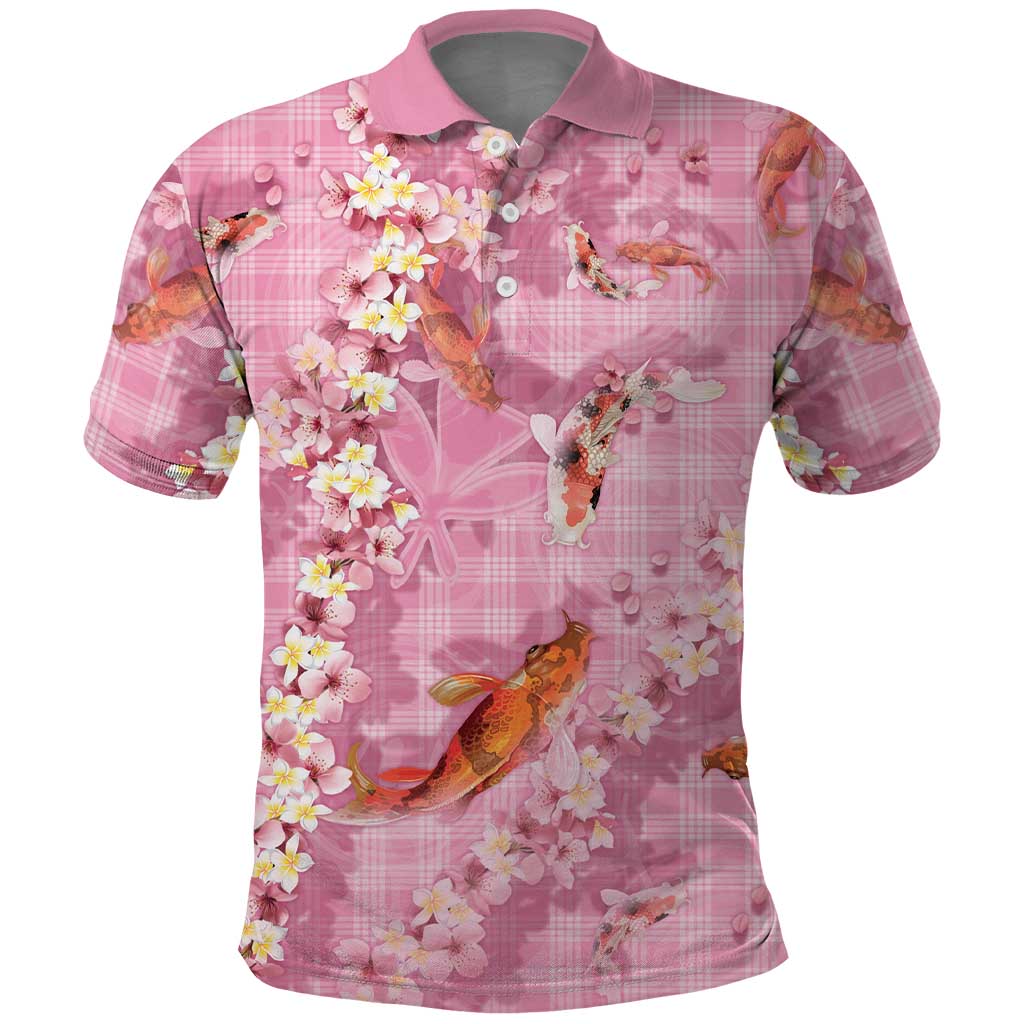 Pink Palaka Hawaiian And Japanese Polo Shirt Sakura Lei With Koi Fish DT05 Pink - Polynesian Pride