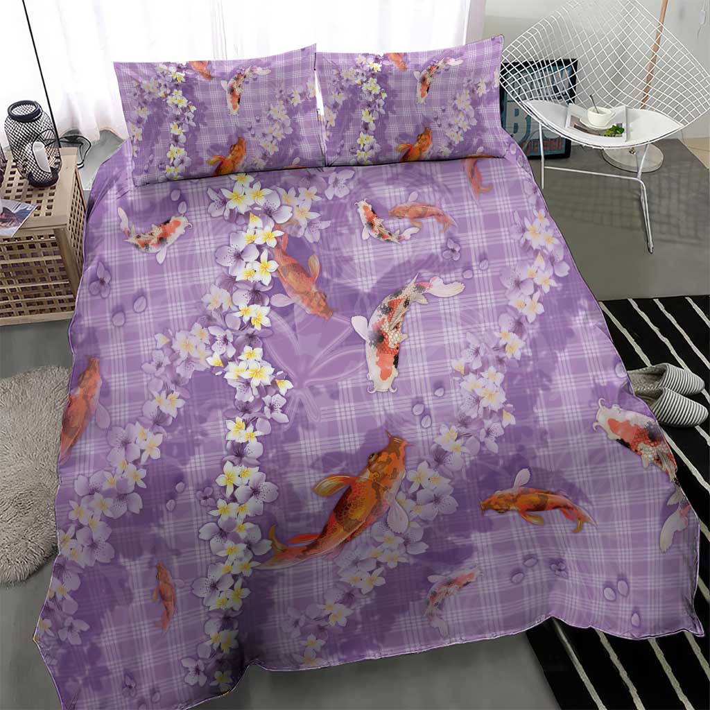 Purple Palaka Hawaiian And Japanese Bedding Set Sakura Lei With Koi Fish DT05 - Polynesian Pride