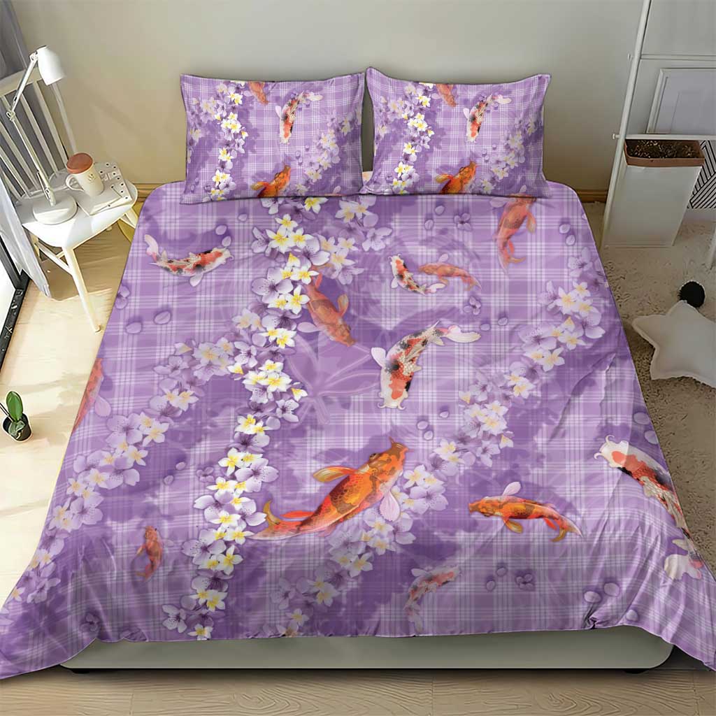 Purple Palaka Hawaiian And Japanese Bedding Set Sakura Lei With Koi Fish DT05 - Polynesian Pride