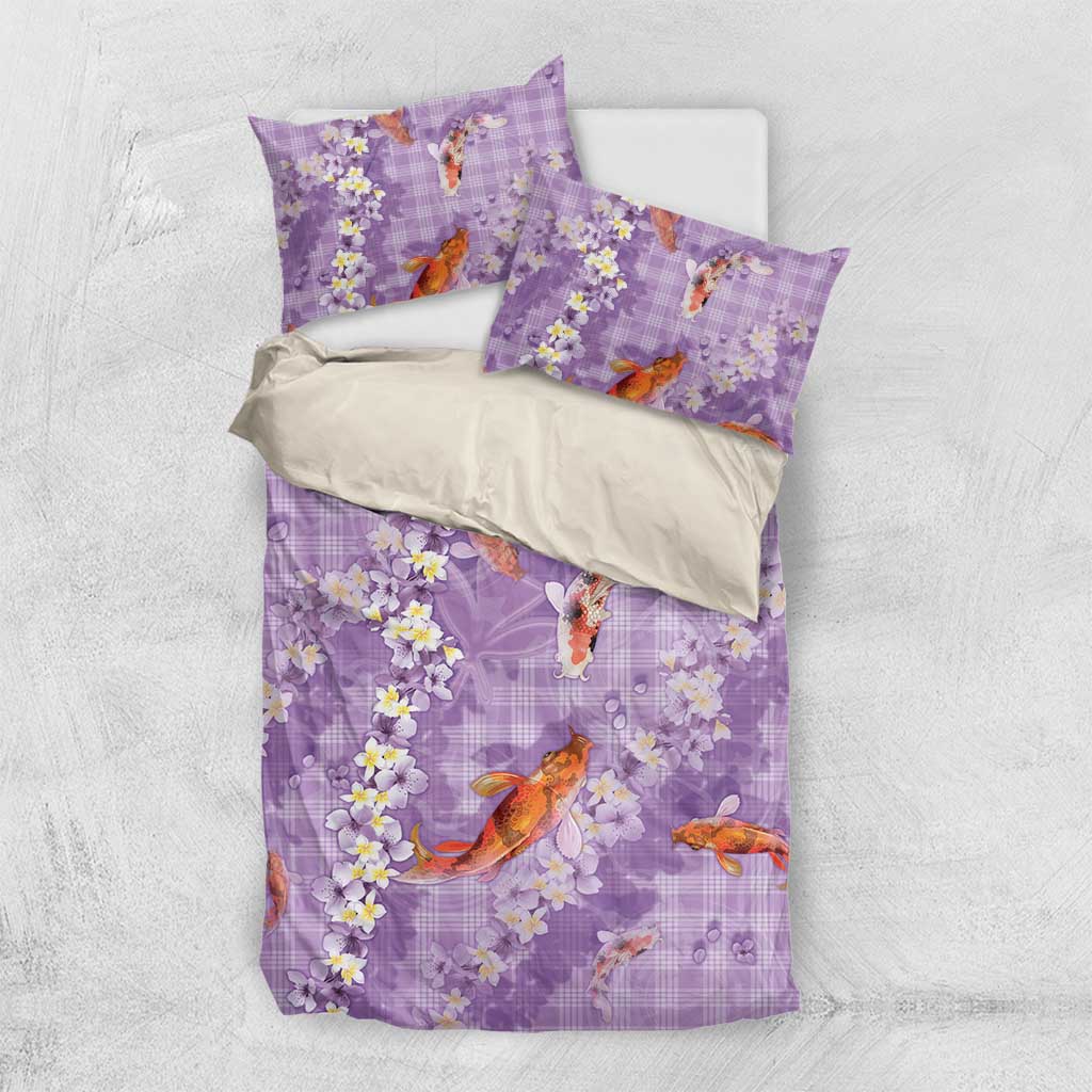 Purple Palaka Hawaiian And Japanese Bedding Set Sakura Lei With Koi Fish DT05 US Twin 172cm x 218cm Purple - Polynesian Pride