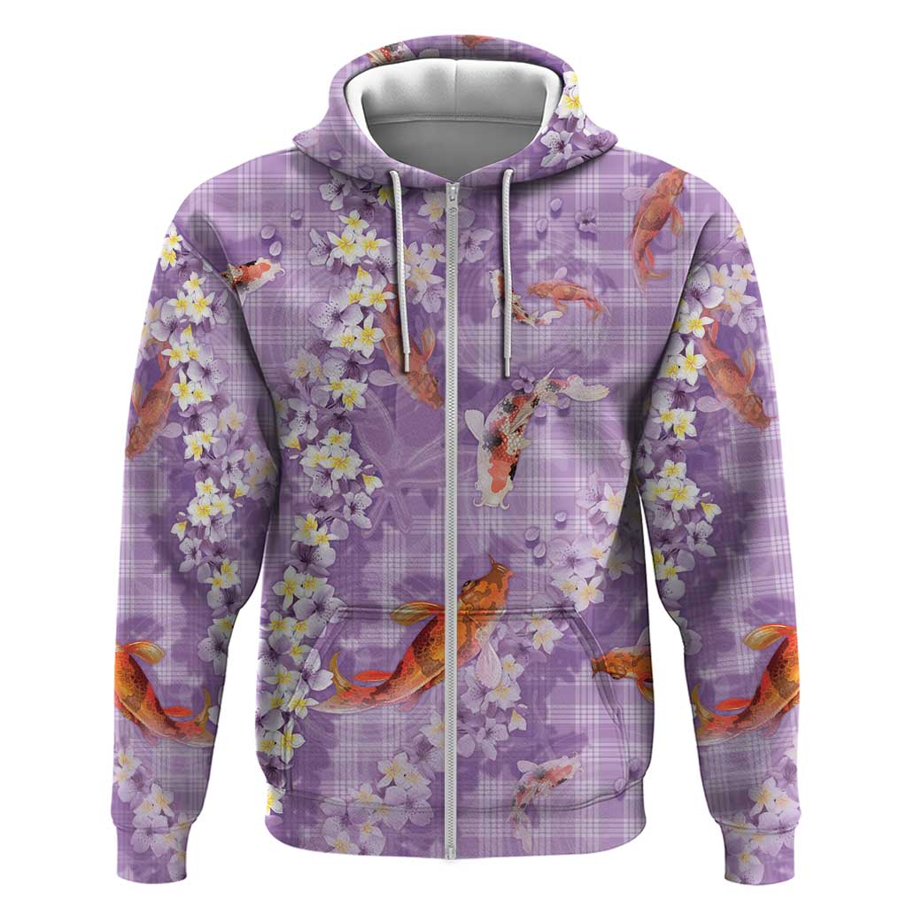 Purple Palaka Hawaiian And Japanese Hoodie Sakura Lei With Koi Fish DT05 Zip Hoodie Purple - Polynesian Pride