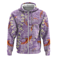 Purple Palaka Hawaiian And Japanese Hoodie Sakura Lei With Koi Fish DT05 Zip Hoodie Purple - Polynesian Pride