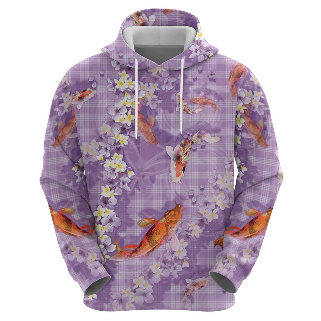 Purple Palaka Hawaiian And Japanese Hoodie Sakura Lei With Koi Fish DT05 - Polynesian Pride