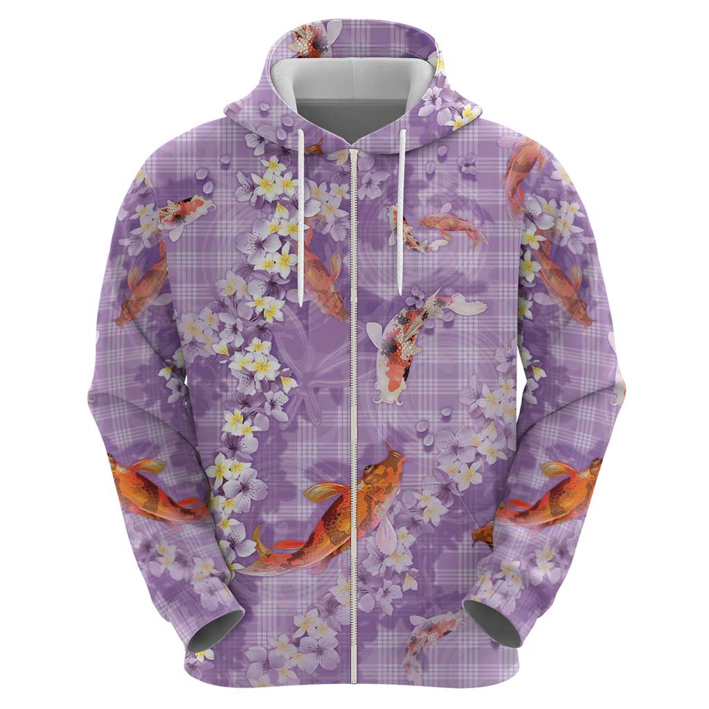Purple Palaka Hawaiian And Japanese Hoodie Sakura Lei With Koi Fish DT05 - Polynesian Pride