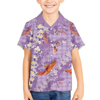 Purple Palaka Hawaiian And Japanese Kid Hawaiian Shirt Sakura Lei With Koi Fish DT05 Kid Purple - Polynesian Pride