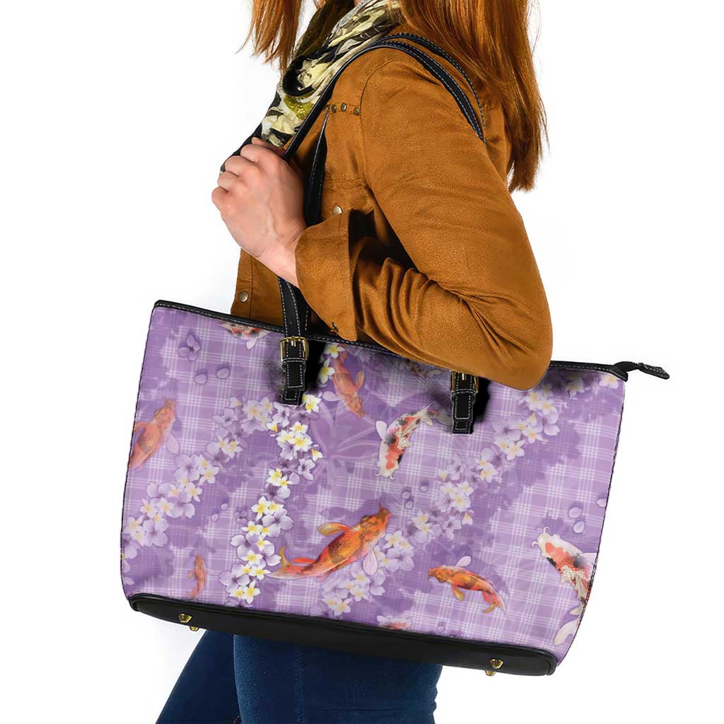 Purple Palaka Hawaiian and Japanese Leather Tote Bag - Sakura Lei With Koi Fish DT05 Purple - Polynesian Pride