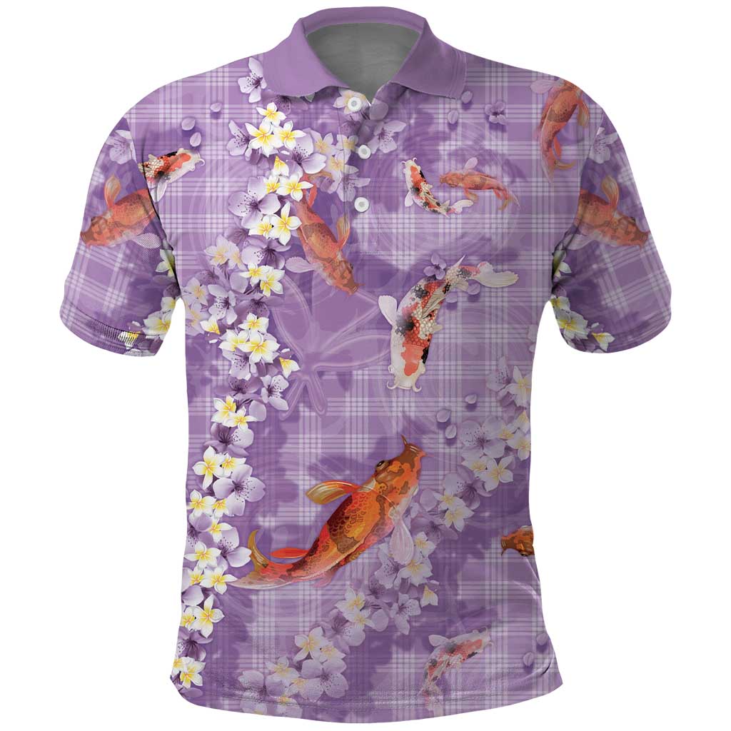 Purple Palaka Hawaiian And Japanese Polo Shirt Sakura Lei With Koi Fish DT05 Purple - Polynesian Pride