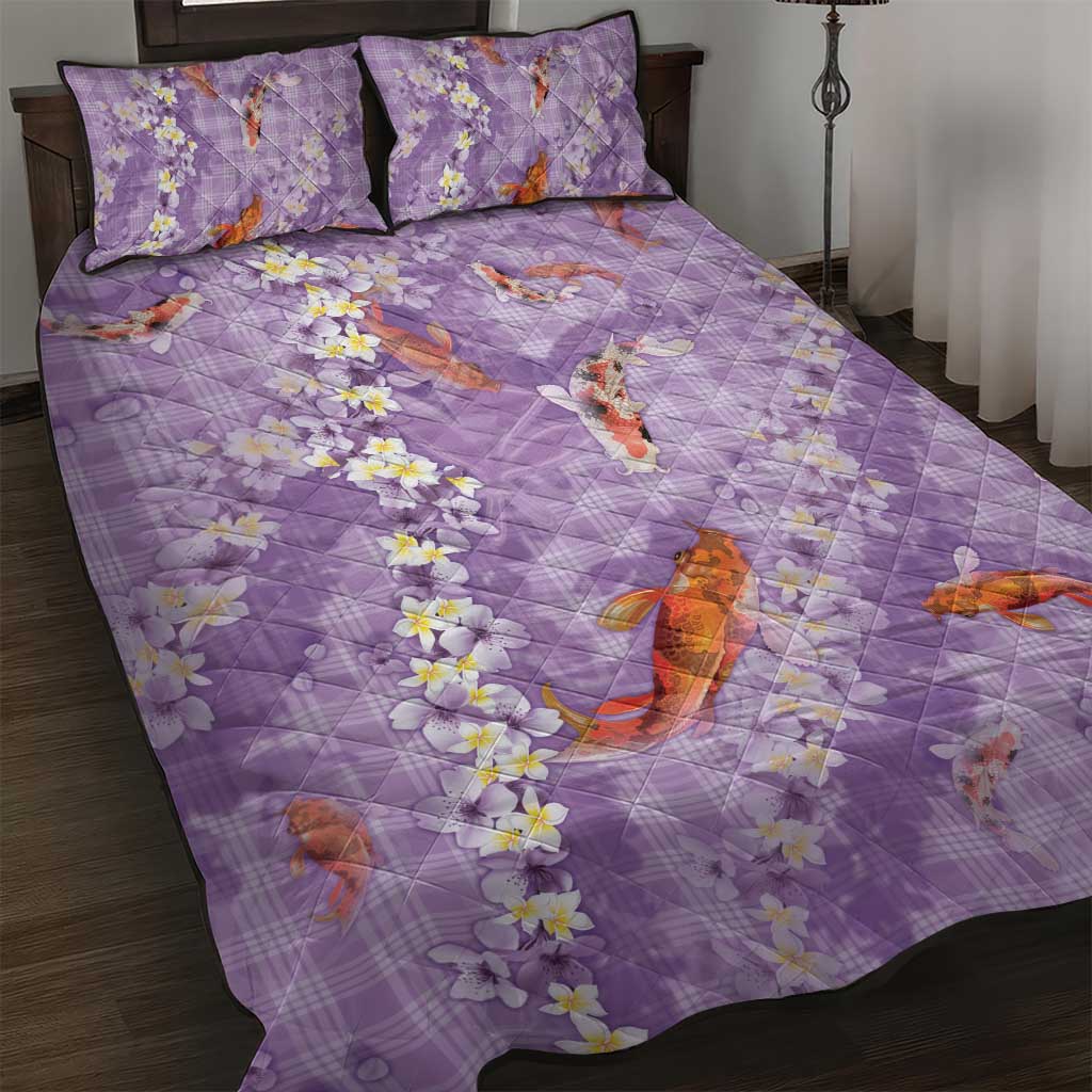 Purple Palaka Hawaiian And Japanese Quilt Bed Set Sakura Lei With Koi Fish DT05 Purple - Polynesian Pride