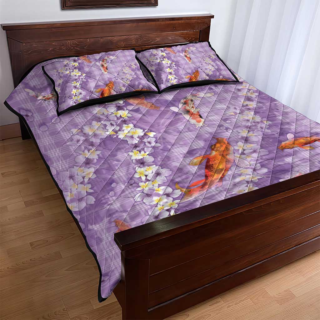 Purple Palaka Hawaiian And Japanese Quilt Bed Set Sakura Lei With Koi Fish DT05 - Polynesian Pride