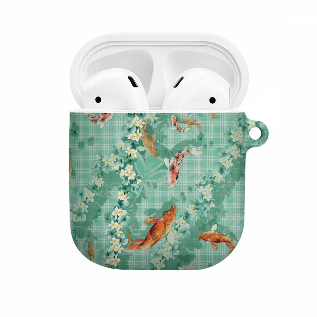 Green Palaka Hawaiian And Japanese AirPods Case Sakura Lei With Koi Fish DT05 Green - Polynesian Pride