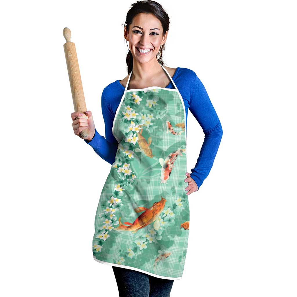 Green Palaka Hawaiian And Japanese Apron Sakura Lei With Koi Fish DT05 - Polynesian Pride