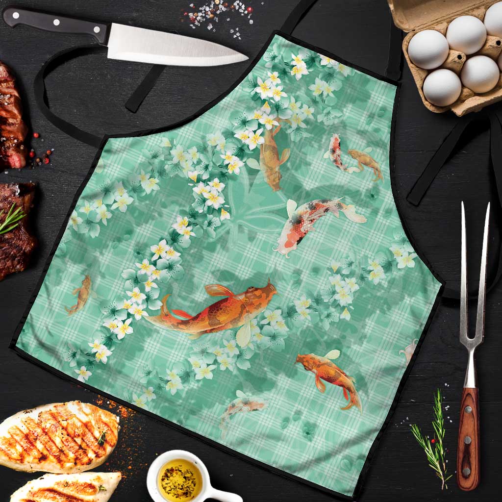 Green Palaka Hawaiian And Japanese Apron Sakura Lei With Koi Fish DT05 Green - Polynesian Pride
