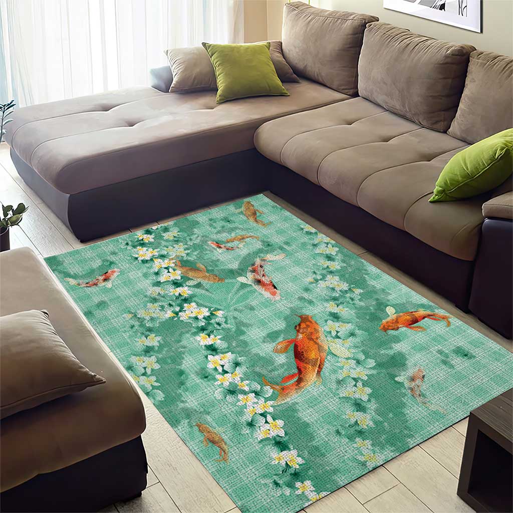 Green Palaka Hawaiian And Japanese Area Rug Sakura Lei With Koi Fish DT05 - Polynesian Pride