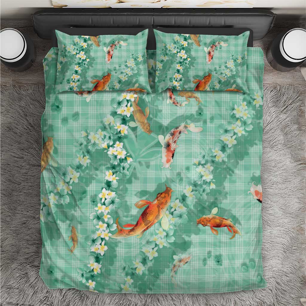 Green Palaka Hawaiian And Japanese Bedding Set Sakura Lei With Koi Fish DT05 Green - Polynesian Pride
