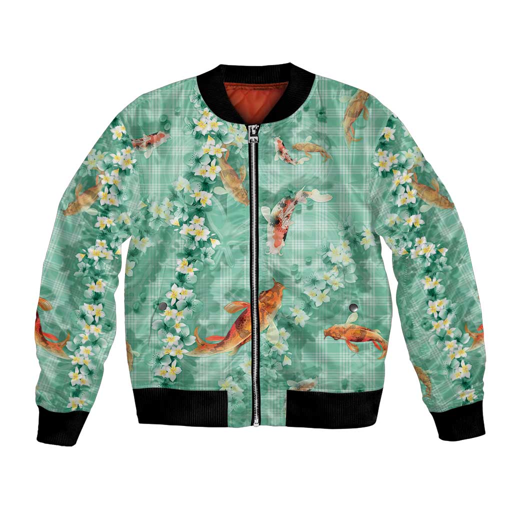 Green Palaka Hawaiian And Japanese Bomber Jacket Sakura Lei With Koi Fish DT05 Unisex Green - Polynesian Pride