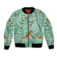 Green Palaka Hawaiian And Japanese Bomber Jacket Sakura Lei With Koi Fish DT05 Unisex Green - Polynesian Pride