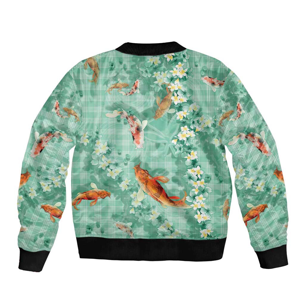 Green Palaka Hawaiian And Japanese Bomber Jacket Sakura Lei With Koi Fish DT05 - Polynesian Pride