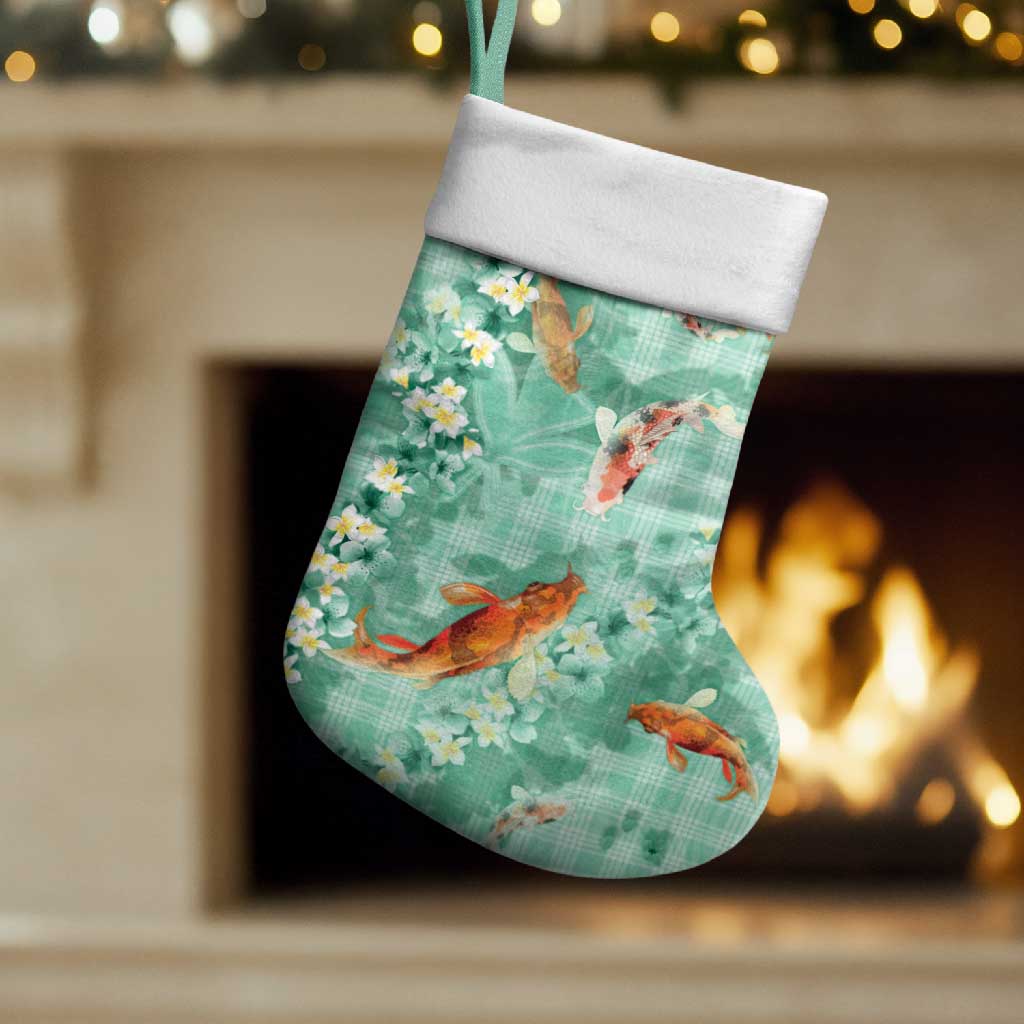 Green Palaka Hawaiian And Japanese Christmas Stocking Sakura Lei With Koi Fish DT05 Set of 2 Green - Polynesian Pride