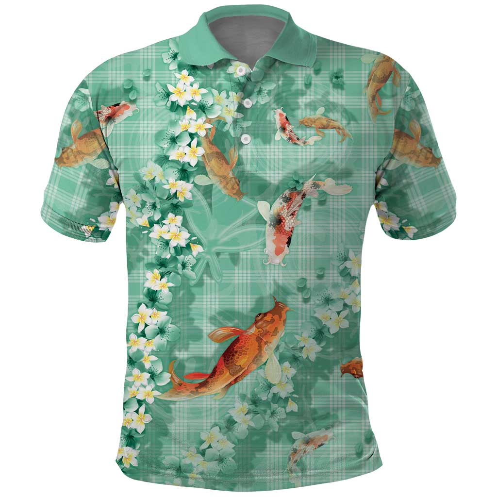 Green Palaka Hawaiian And Japanese Polo Shirt Sakura Lei With Koi Fish DT05 Green - Polynesian Pride