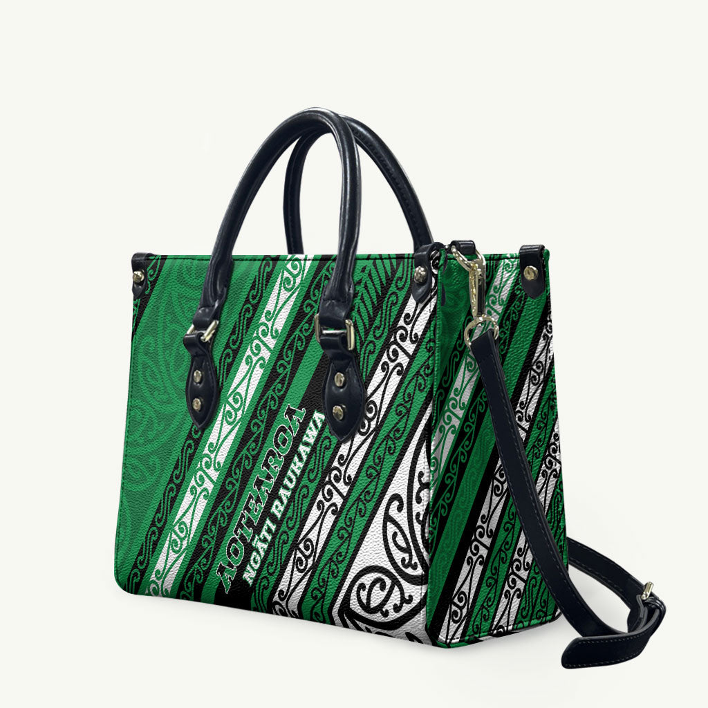 Aotearoa Ngati Raukawa Leather Bag New Zealand Maori Tribal Fern Pattern DT05 Green - Polynesian Pride