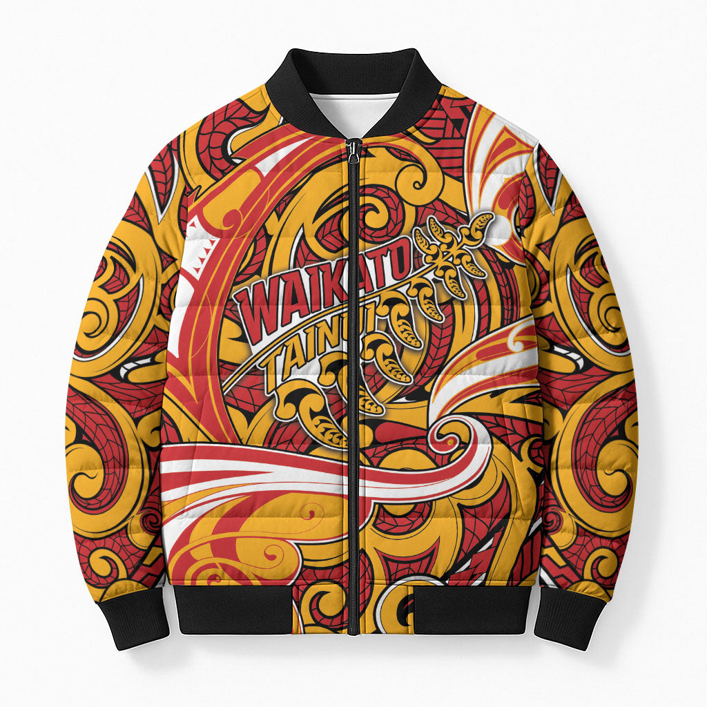 Custom Aotearoa Waikato Tainui Bomber Puffer Jacket Maori Tribal Pattern Koru Motif DT05 Unisex Yellow - Polynesian Pride