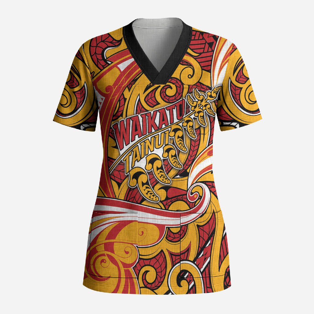 Custom Aotearoa Waikato Tainui Scrub Top Maori Tribal Pattern Koru Motif DT05 Adult Yellow - Polynesian Pride