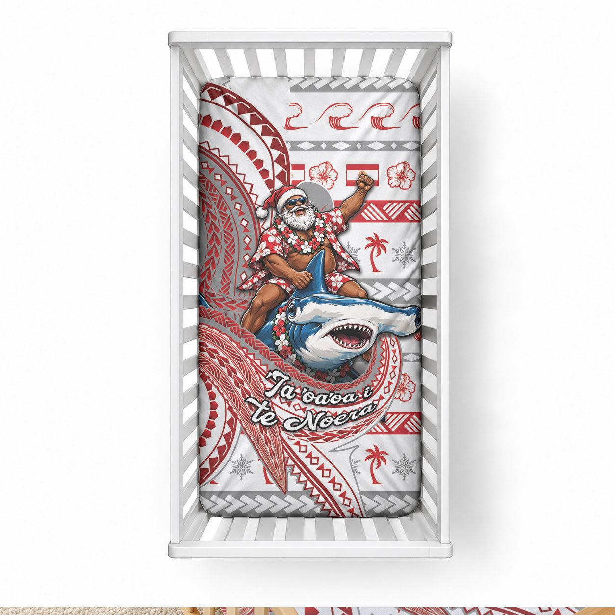 French Polynesian Christmas Baby Bed Cover Santa Riding Hammerhead Shark Tahitian DT05 28 × 52 in White - Polynesian Pride