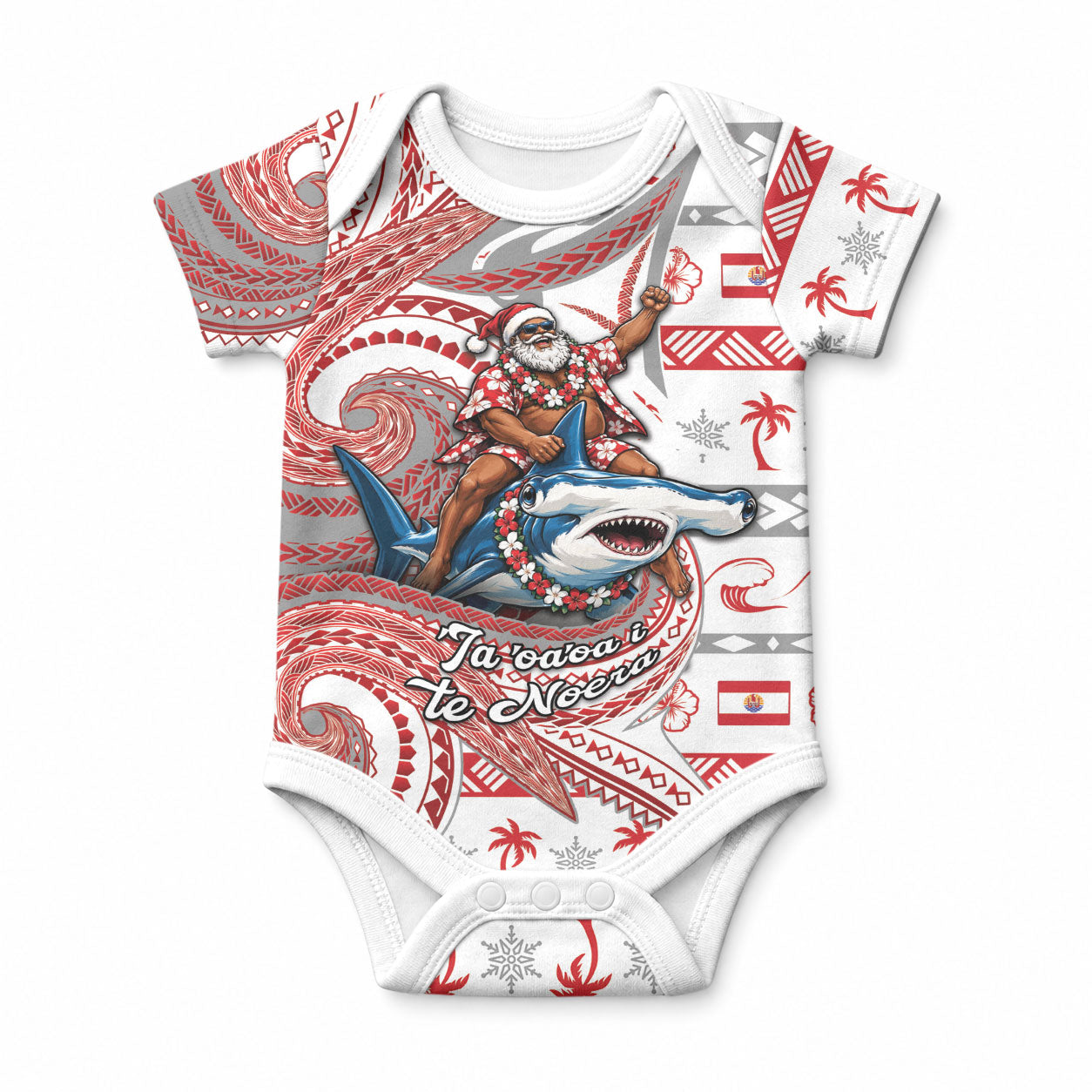 French Polynesian Christmas Baby Onesie Santa Riding Hammerhead Shark Tahitian DT05 White - Polynesian Pride