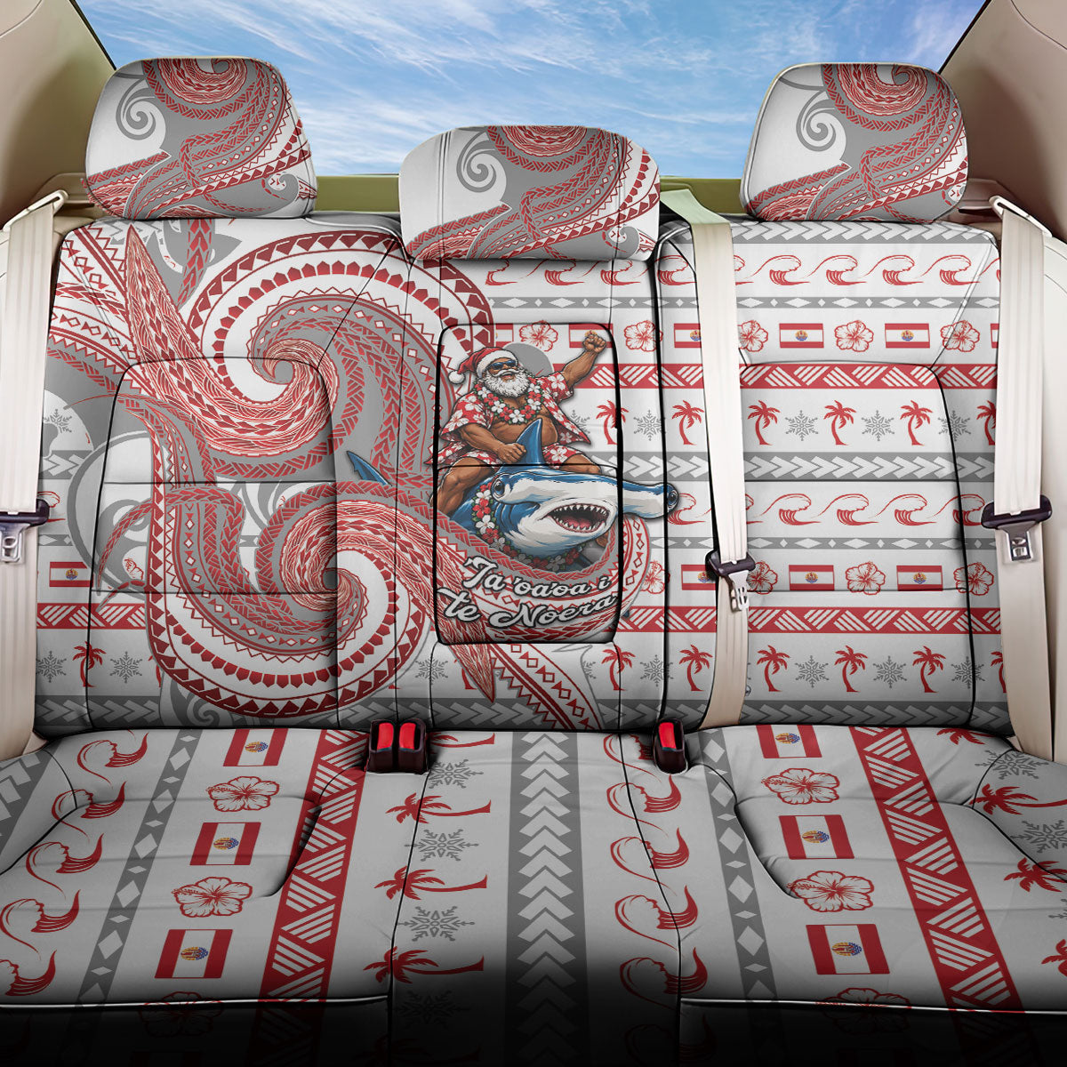 French Polynesian Christmas Back Car Seat Cover Santa Riding Hammerhead Shark Tahitian DT05 One Size White - Polynesian Pride