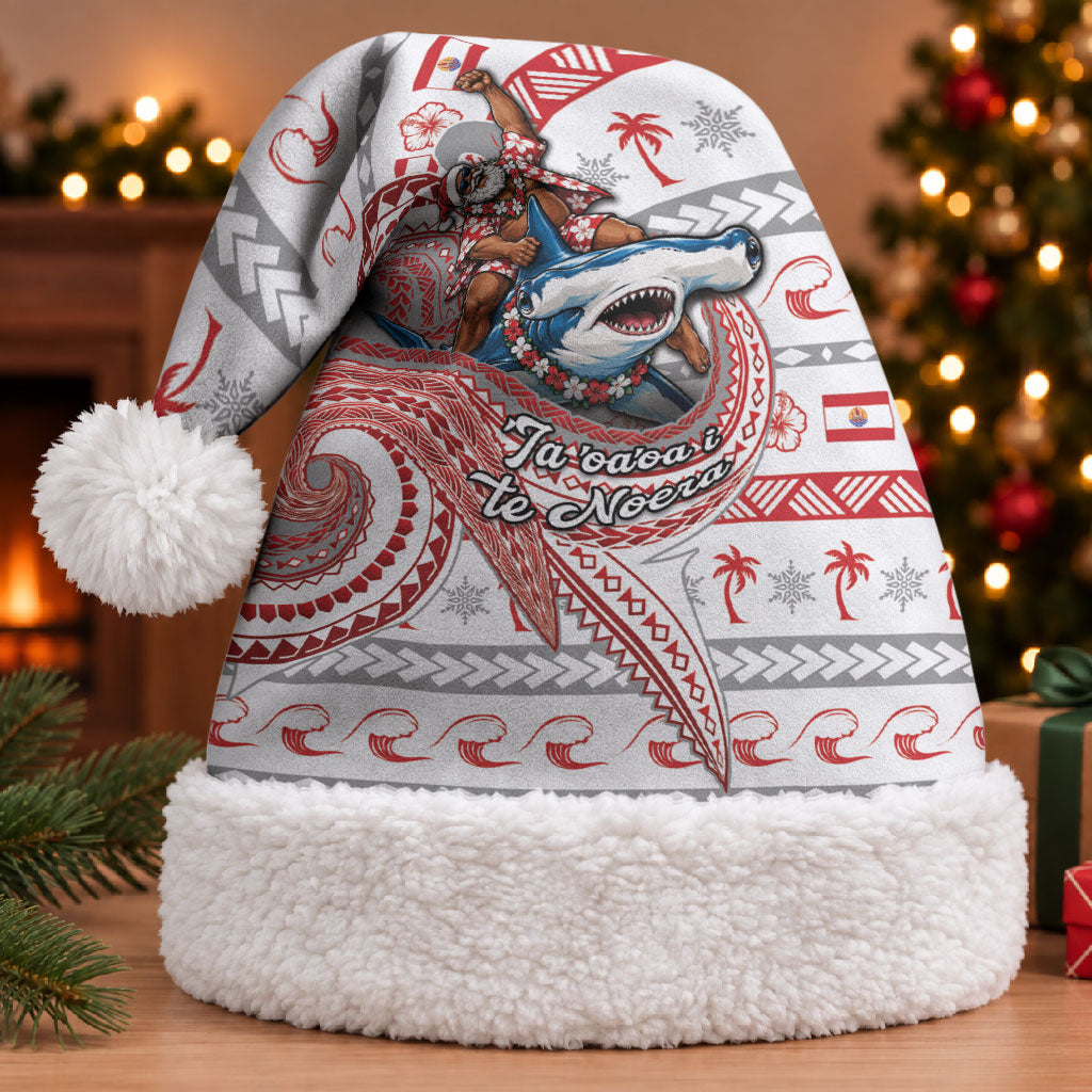 French Polynesian Christmas Santa Hat Santa Riding Hammerhead Shark Tahitian DT05 With Fur White - Polynesian Pride