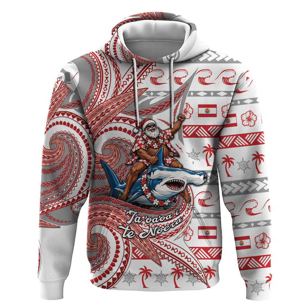 French Polynesian Christmas Hoodie Santa Riding Hammerhead Shark Tahitian DT05 Pullover Hoodie White - Polynesian Pride