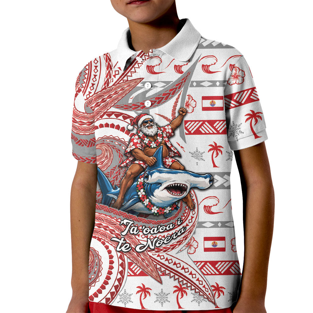 French Polynesian Christmas Kid Polo Shirt Santa Riding Hammerhead Shark Tahitian DT05 Kid White - Polynesian Pride