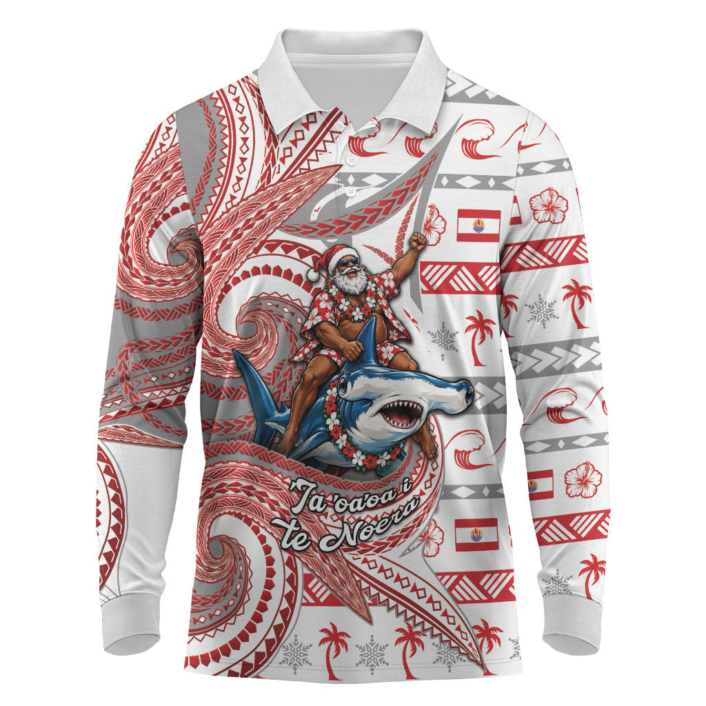 French Polynesian Christmas Long Sleeve Polo Shirt Santa Riding Hammerhead Shark Tahitian DT05 White - Polynesian Pride