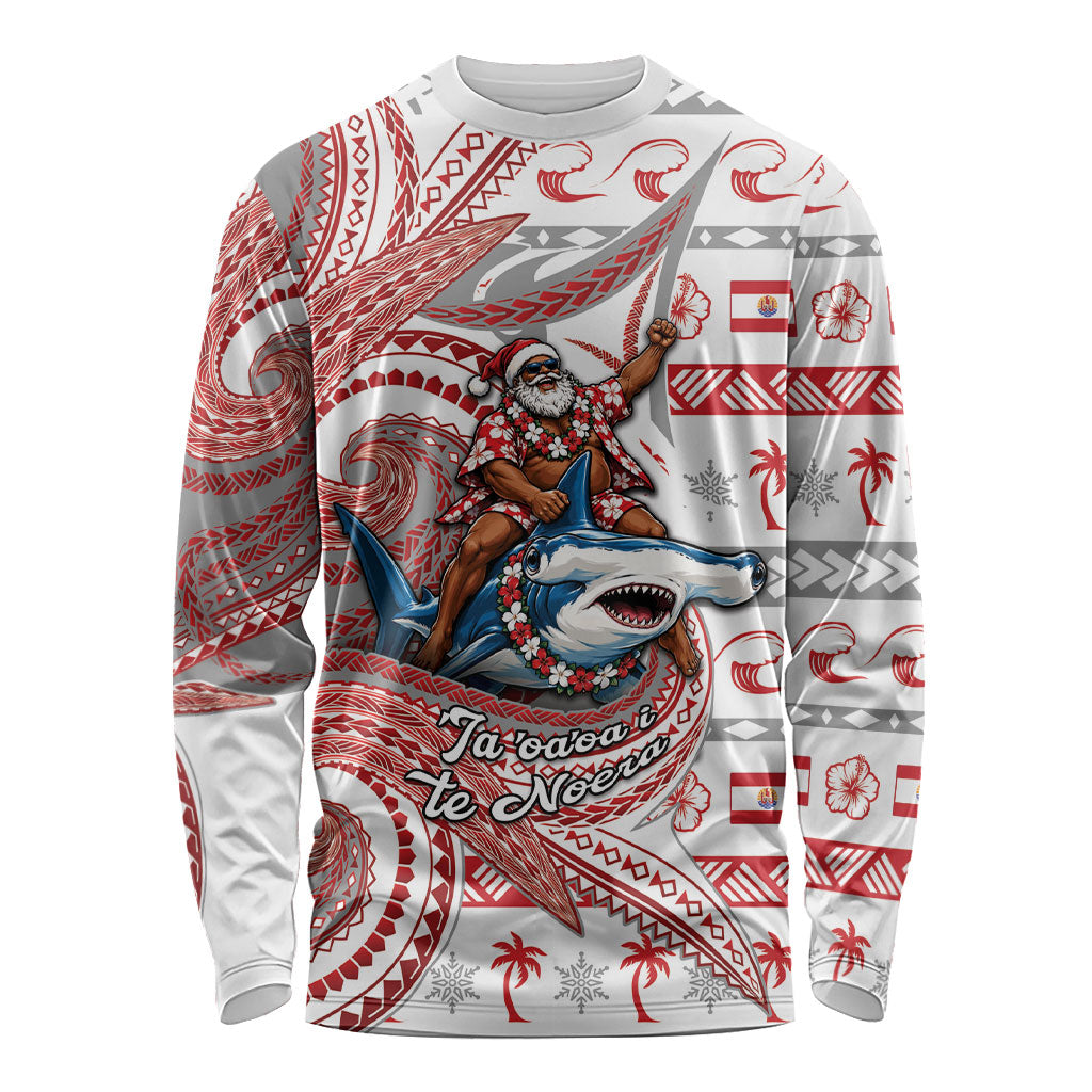 French Polynesian Christmas Long Sleeve Shirt Santa Riding Hammerhead Shark Tahitian DT05 Unisex White - Polynesian Pride