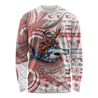 French Polynesian Christmas Long Sleeve Shirt Santa Riding Hammerhead Shark Tahitian DT05 Unisex White - Polynesian Pride