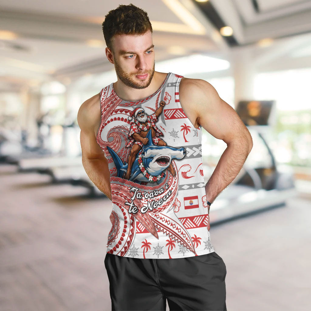 French Polynesian Christmas Men Tank Top Santa Riding Hammerhead Shark Tahitian DT05 White - Polynesian Pride
