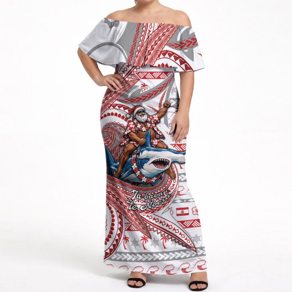 French Polynesian Christmas Off Shoulder Maxi Dress Santa Riding Hammerhead Shark Tahitian DT05 Women White - Polynesian Pride