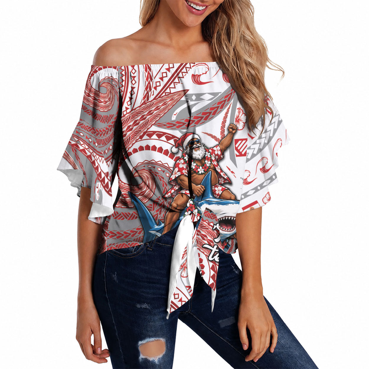 French Polynesian Christmas Off Shoulder Wrap Waist Top Santa Riding Hammerhead Shark Tahitian DT05 White - Polynesian Pride