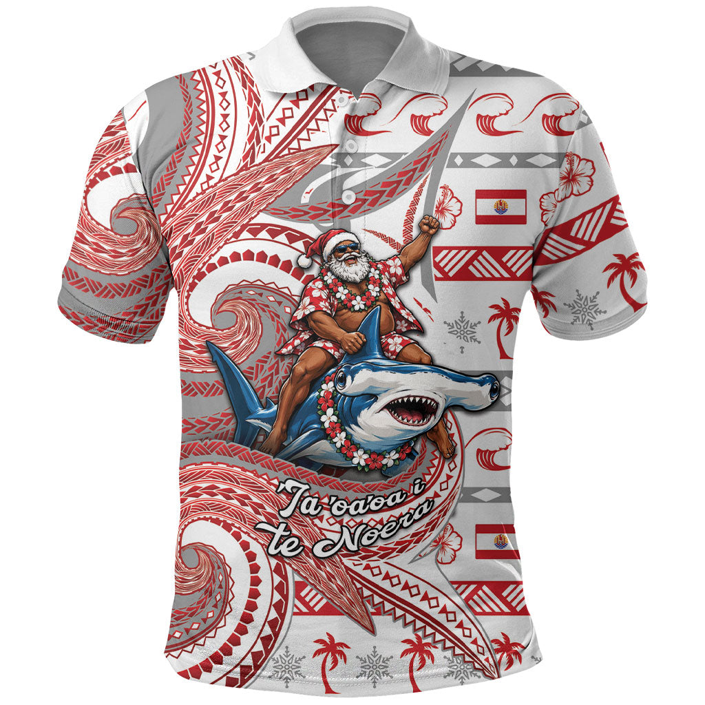 French Polynesian Christmas Polo Shirt Santa Riding Hammerhead Shark Tahitian DT05 White - Polynesian Pride
