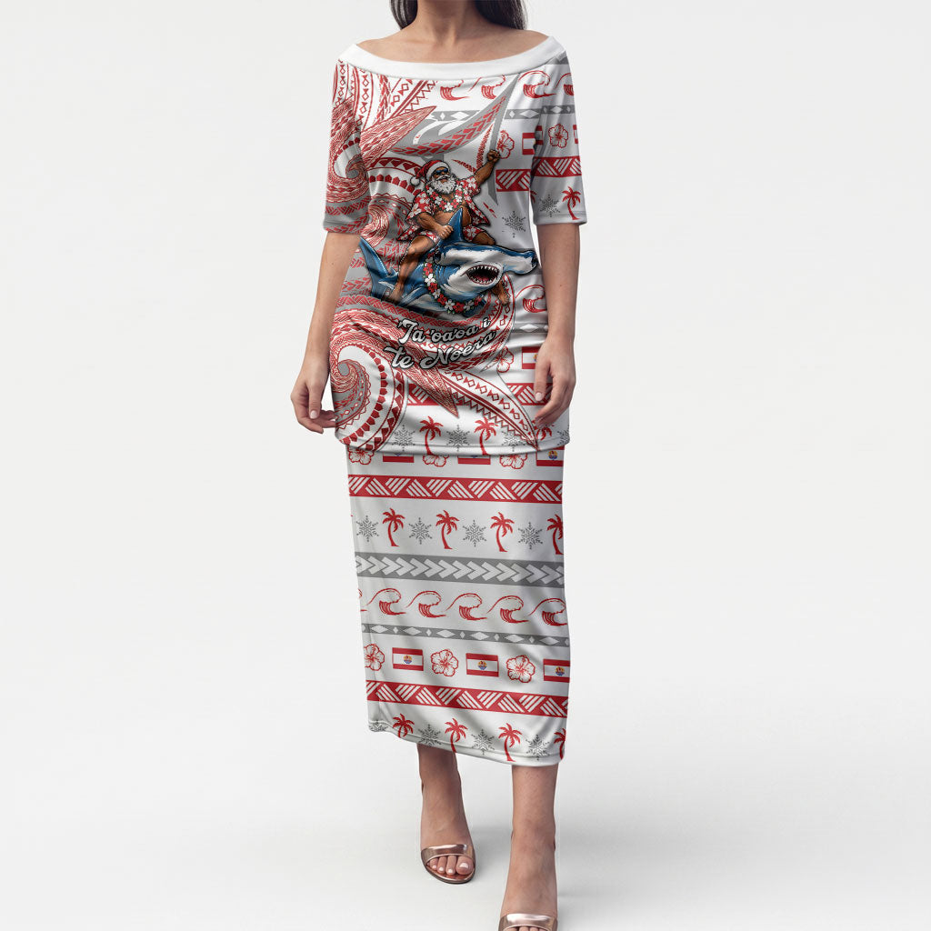 French Polynesian Christmas Puletasi Santa Riding Hammerhead Shark Tahitian DT05 Long Dress White - Polynesian Pride